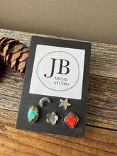 Load image into Gallery viewer, Funky Mismatch Stud Earring Set - turquoise, coral and sterling silver
