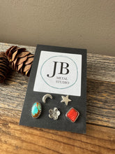 Load image into Gallery viewer, Funky Mismatch Stud Earring Set - turquoise, coral and sterling silver