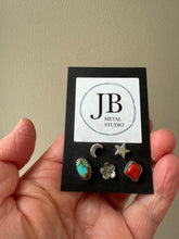 Load image into Gallery viewer, Funky Mismatch Stud Earring Set - turquoise, coral and sterling silver