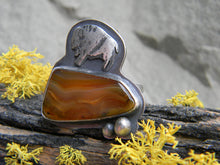 Load image into Gallery viewer, Home on the Range - Montana Agate Ring with rustic silver buffalo - oxidized silver- size 7