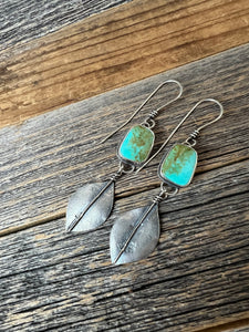 Kingman Turquoise Earrings - Reticulated Silver leaf dangles