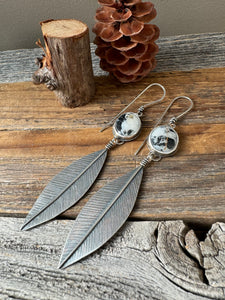 White Buffalo + Long Silver Leaves Earrings