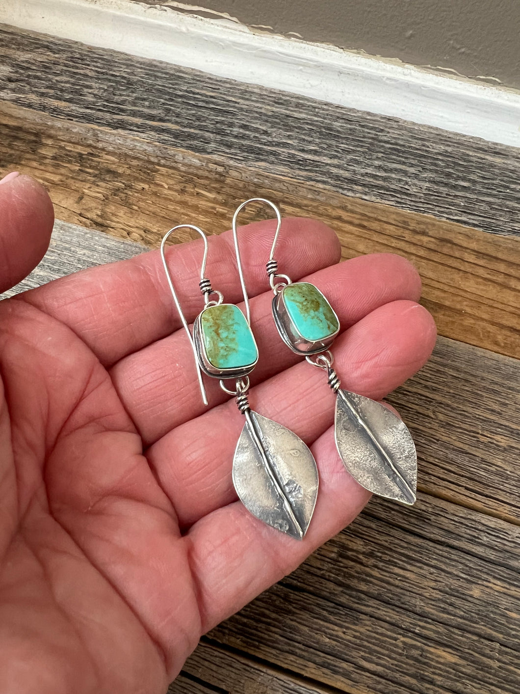 Kingman Turquoise Earrings - Reticulated Silver leaf dangles