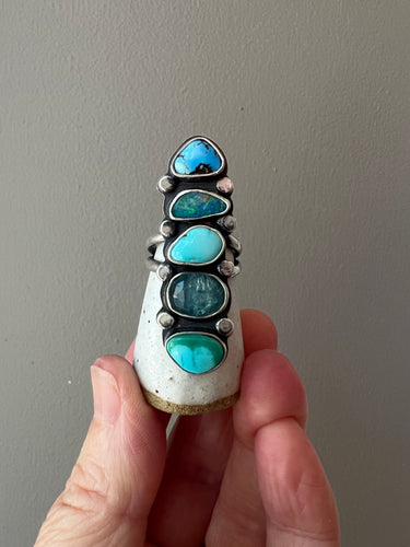 Five Stone Ring - Turquoise, Opal and Aquamarine - Size 7.75