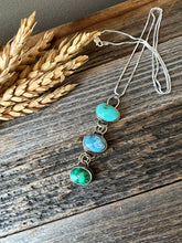 Load image into Gallery viewer, Triple Stone Turquoise Pendant Necklace - rustic, oxidized sterling silver