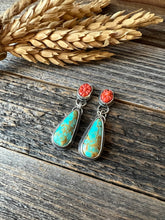 Load image into Gallery viewer, Royston Turquoise and vintage carved Mediterranean Coral Earrings - sterling silver post dangles