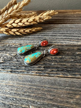 Load image into Gallery viewer, Royston Turquoise and vintage carved Mediterranean Coral Earrings - sterling silver post dangles