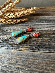 Royston Turquoise and vintage carved Mediterranean Coral Earrings - sterling silver post dangles