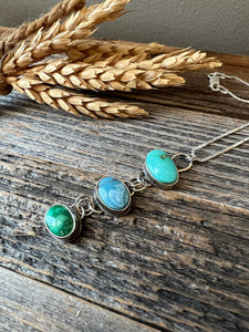Triple Stone Turquoise Pendant Necklace - rustic, oxidized sterling silver