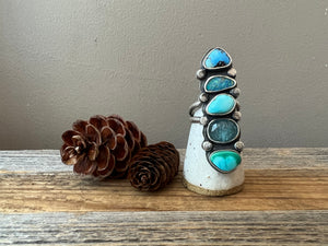 Five Stone Ring - Turquoise, Opal and Aquamarine - Size 7.75