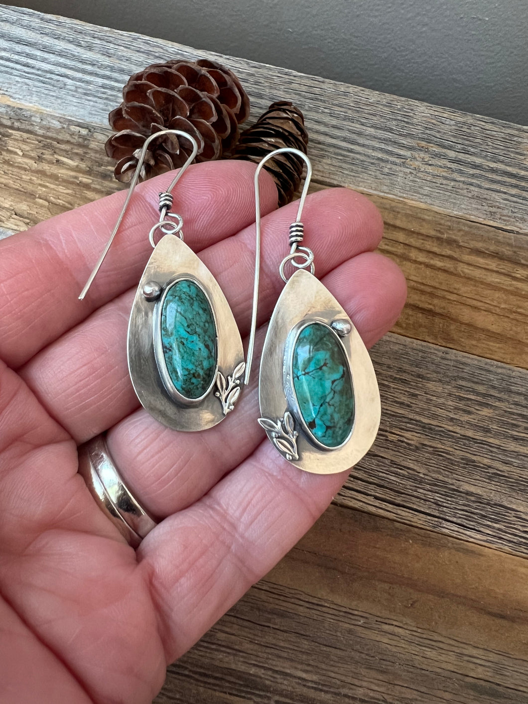 Hubei Turquoise Earrings - rustic sterling silver teardrops