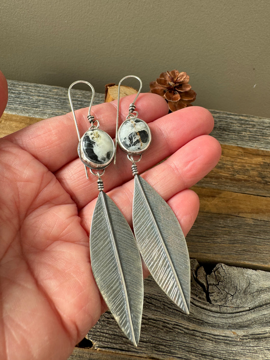 White Buffalo + Long Silver Leaves Earrings