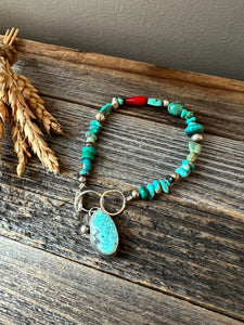 Turquoise and Coral Bracelet with Blue Moon Turquoise charm