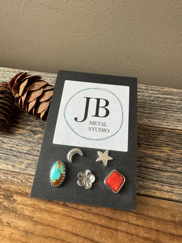 Funky Mismatch Stud Earring Set - turquoise, coral and sterling silver