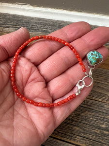 Mediterran Coral Bead Bracelet with Turquoise charm