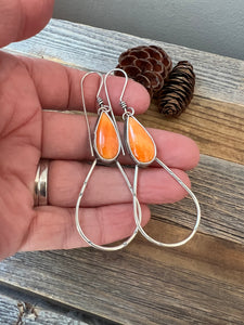 Orange Spiny Oyster Earrings - stamped silver