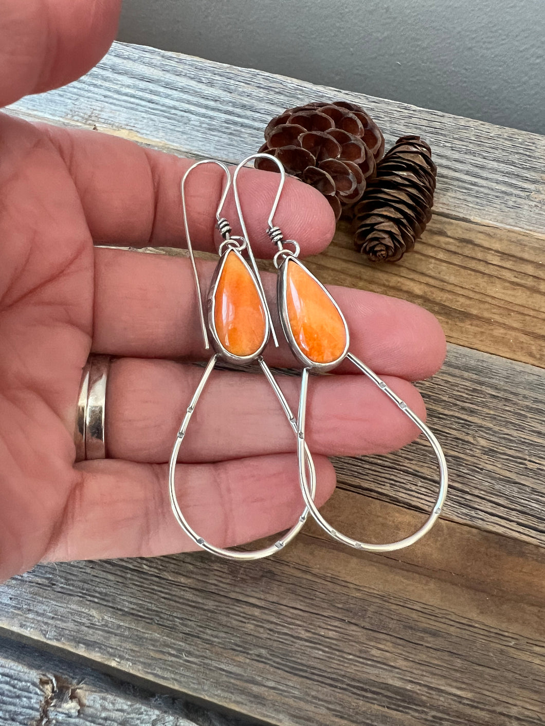 Orange Spiny Oyster Earrings - stamped silver