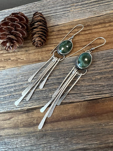 Green Ocean Jasper Earrings with long sterling silver fringe