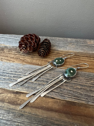 Green Ocean Jasper Earrings with long sterling silver fringe