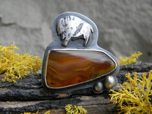 Home on the Range - Montana Agate Ring with rustic silver buffalo - oxidized silver- size 7