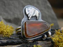 Load image into Gallery viewer, Home on the Range - Montana Agate Ring with rustic silver buffalo - oxidized silver- size 7