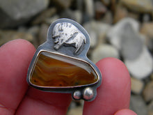 Load image into Gallery viewer, Home on the Range - Montana Agate Ring with rustic silver buffalo - oxidized silver- size 7