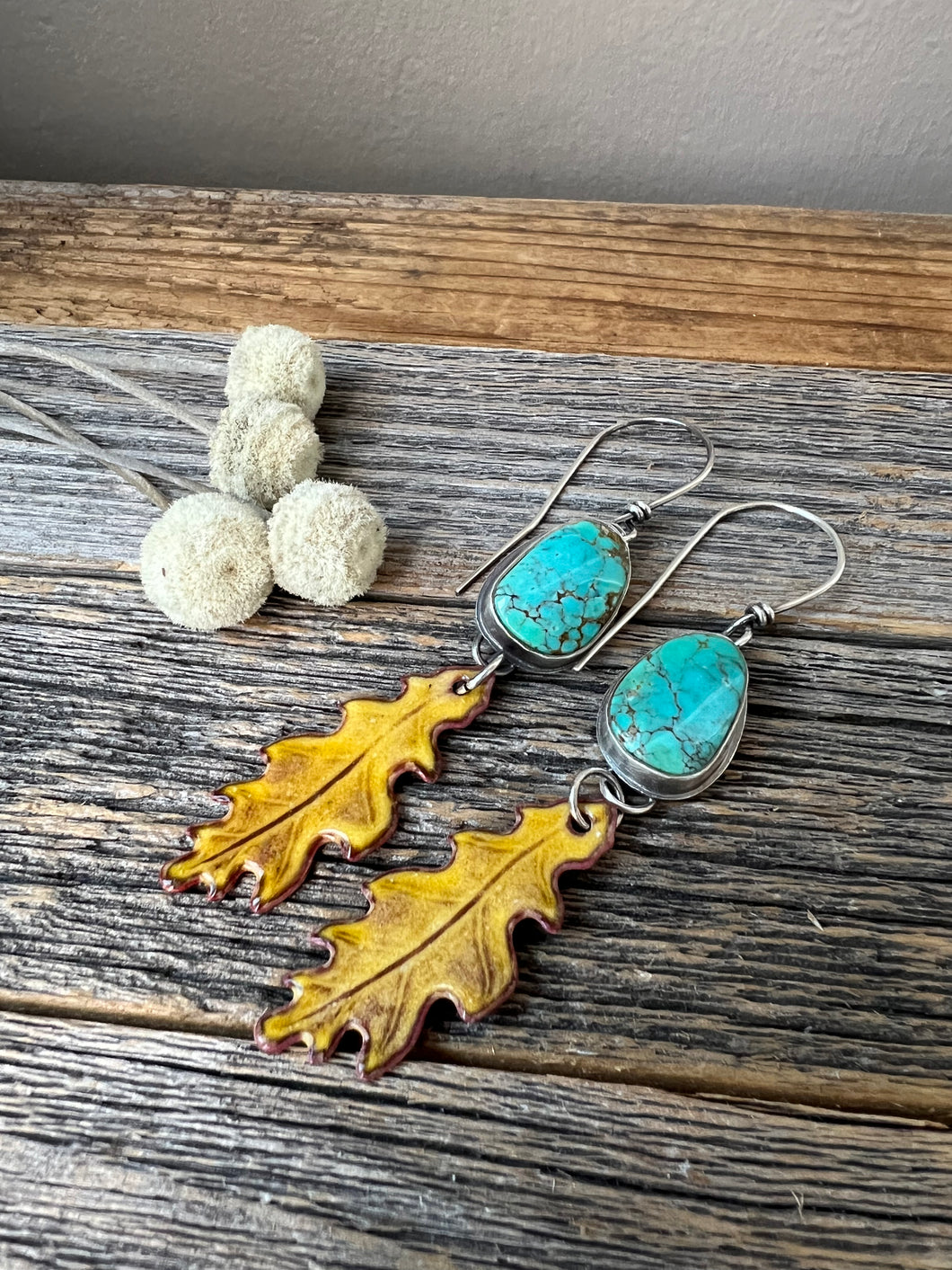 High Grade #8 Turquoise + Enameled Copper Oak Leaf earrings
