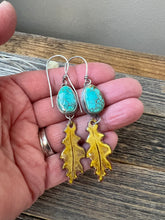 Load image into Gallery viewer, High Grade #8 Turquoise + Enameled Copper Oak Leaf earrings