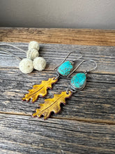Load image into Gallery viewer, High Grade #8 Turquoise + Enameled Copper Oak Leaf earrings
